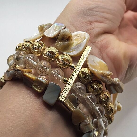 Bohemian Abalone Gold and Crystal Multilayer Beaded Bangle Bracelet 8.5in - Picture 3 of 4